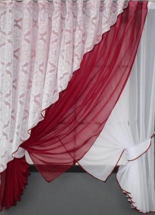 Шторки на кухню (300х170см) з підв'язками. колір бордовий з білим
