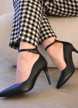 Туфли лодочки женские черные кожаные с ремешком на щиколотке s795-21-y021a-9 lady marcia 33631 фото