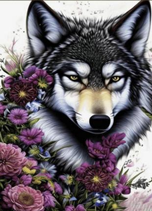 Алмазная мозаика волк в цветочках 30х40см квадратные камни-стразы, на подрамнике, термопакет, тм стратег,