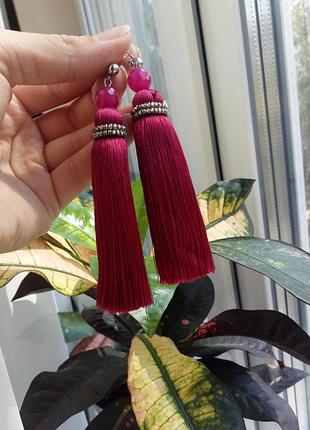 Шикарные серьги-кисточки вишневые тёмно-красные винные (бордо)