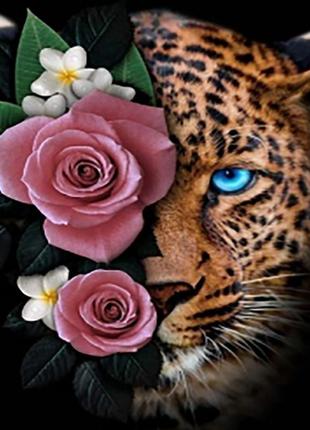Алмазная мозаика леопард в цветках 35х45см круглые камни-стразы, без подрамника, 4 рейки, в кор. 41*8*4см, тм