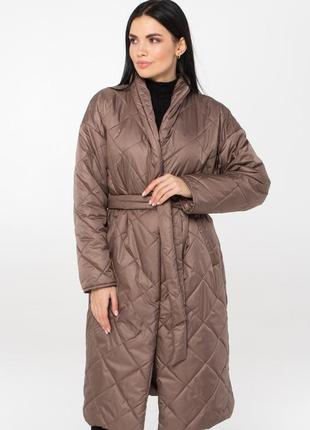 Стильное стеганое пальто с поясом(капучино)3 фото
