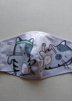 Серая маска с котами,женская маска, мужская маска многоразового использования1 фото