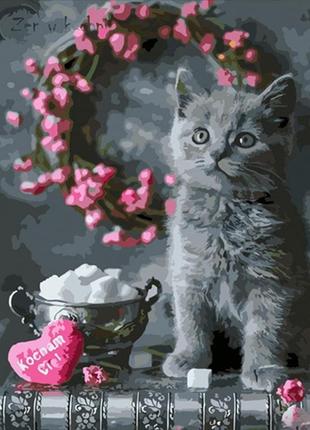 Картина по номерам котик с цветочным венком 40х50см, термопакет, тм стратег, украина