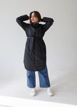 Стильное стеганое пальто с поясом(чорний)