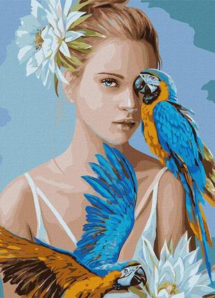 Картина по номерам девушка с голубыми попугаями 40х50см, в термопакете, тм идейка, украина