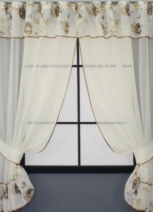 Комплект на кухню (280х170см) шторки з ламбрекеном. колір бежевий з коричневим
