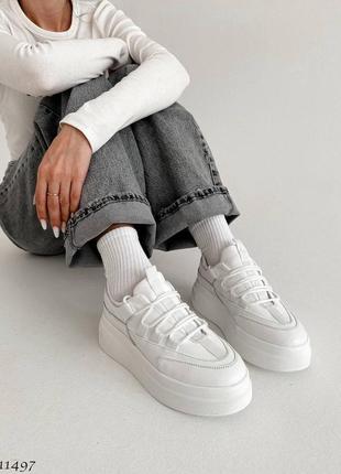Белые натуральные кожаные кроссовки кеды на высокой толстой подошве платформе кожа1 фото