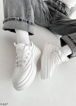 Белые натуральные кожаные кроссовки кеды на высокой толстой подошве платформе кожа2 фото