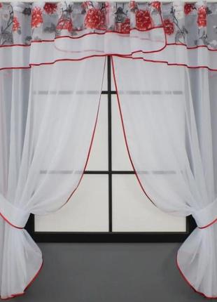 Кухонні шторки (280х170см) з ламбрекеном. колір білий з червоним