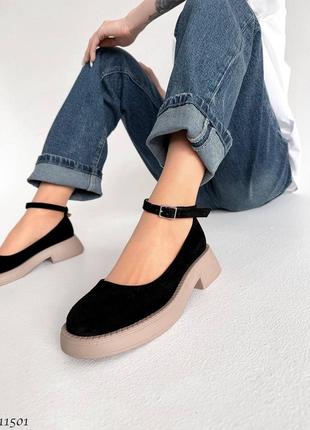 Черные натуральные замшевые туфли с ремешком на бежевой толстой подошве с круглым носом замш5 фото