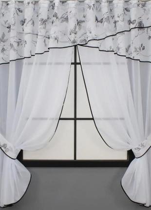 Фіранка на кухню (280х170см) з ламбрекеном. колір білий з чорним