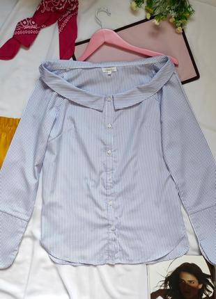 Сорочка в смужку з відкритими плечима до довгого рукава блузка блуза в полоску.