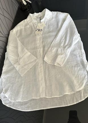 Лляна сорочка zara, біла лляна сорочка, сорочка з льону8 фото