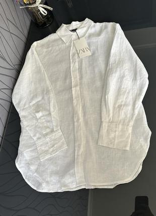 Льняная рубашка zara, белая льняная рубашка, рубашка со льна8 фото