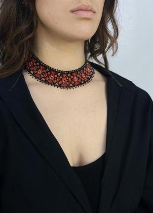 Ожерелье-cилянка из бисера "черно-красная с золотом" широкая ручной работы, handmade этнические аксессуары