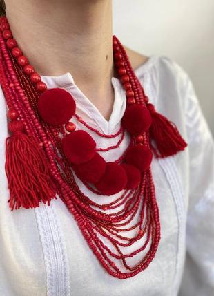 Намисто з кутасами та бісером "червоне" дизайнерське ручної роботи, handmade етнічні аксесуари жіночі1 фото