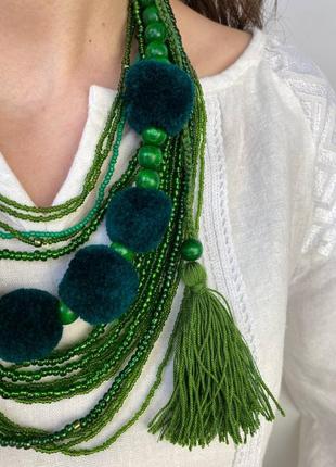 Намисто з кутасами та бісером "зелене" дизайнерське ручної роботи, handmade етнічні аксесуари жіночі3 фото