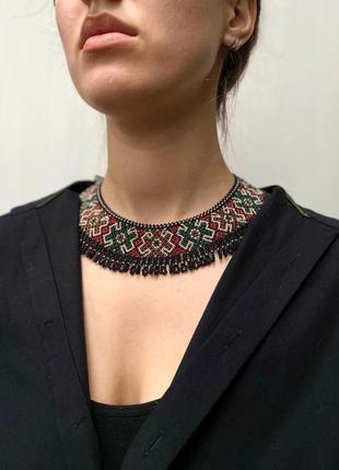 Ожерелье-силянка из бисера "гуцульская зеленая" широкая ручной работы