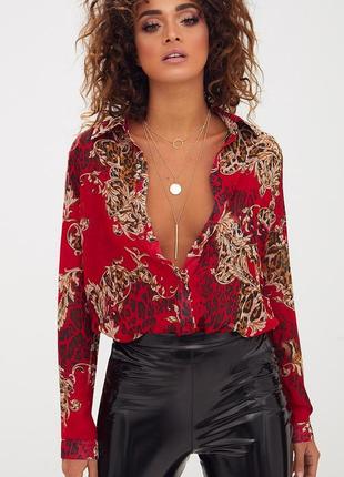 Брендовая шифоновая рубашка, блузка oversize "prettylittlething" с принтом "барокко". размер s.