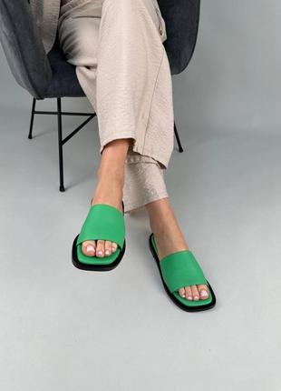 Шлепанцы женские кожаные зеленые3 фото