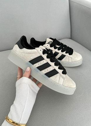 Классные женские кроссовки adidas campus 00s aluminium core football бежевые с чёрным