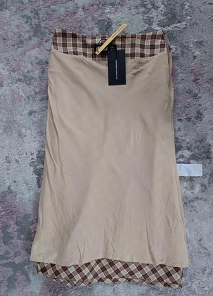 Трендовая  юбка миди а-силуєта🔹принт бежево-коричневий клетка🔹коттон minga london (размер 34)9 фото
