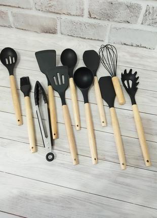 Набір кухонного приладдя kitchen set силікон дерево 12 предметів black2 фото