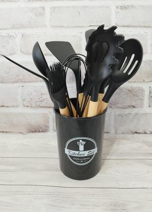 Набір кухонного приладдя kitchen set силікон дерево 12 предметів black1 фото