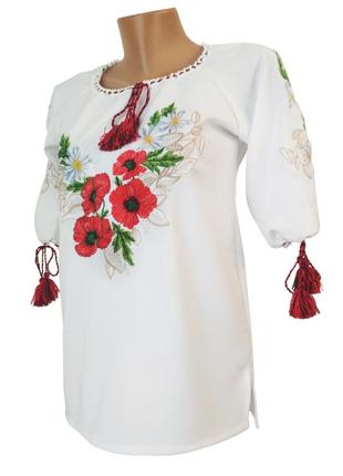Жіноча вишиванка на білому полотні "мак ромашка"7 фото