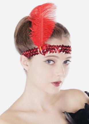 Пов'язка червона на голову з пір'ям і стразами,прикраса у стилі гетсбі вечірка у стилі великого гетсбі,20х