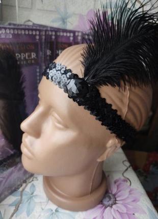 Повязка на голову черная с перьями и стразами, украшение в стиле гетсби вечеринка в...