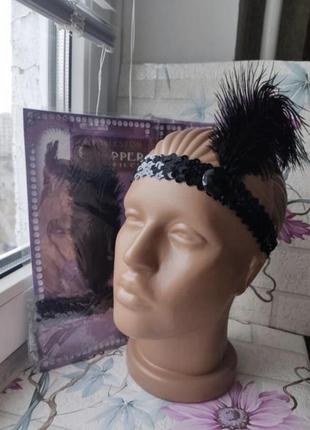 Повязка на голову черная с перьями и стразами, украшение в стиле гетсби вечеринка в...