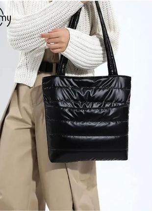 Тренд стьобана нейлонова чорна балоньова жіноча сумка шопер на плече тоут1 фото