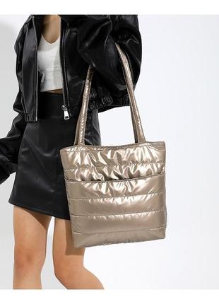 Тренд стьобана нейлонова чорна балоньова жіноча сумка шопер на плече тоут9 фото