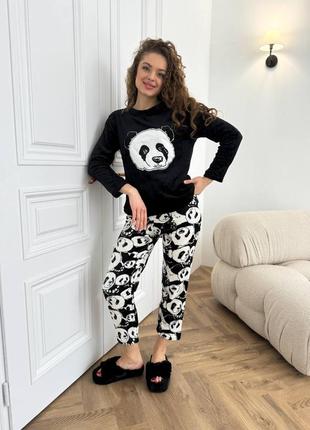 Красива тепленька піжамка /  одяг для дому кофта і штани махра домашний костюм панда 🐼штаны с кофтой тепла3 фото