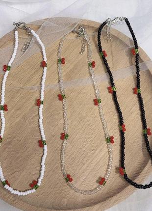 Белый прозрачный чокер вишенки вишни красные из бисера браслет украшение на шею руку2 фото
