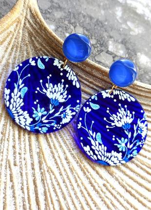 Сережки з акрилу сині квіти