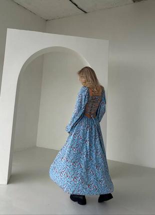 Женское легкое нежное голубое платье в цветочки, платье с длинным рукавом и шнуровкой на спине7 фото