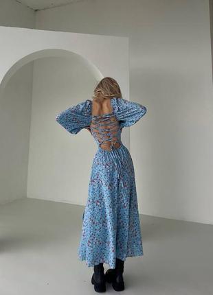 Женское легкое нежное голубое платье в цветочки, платье с длинным рукавом и шнуровкой на спине3 фото