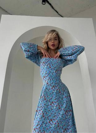 Женское легкое нежное голубое платье в цветочки, платье с длинным рукавом и шнуровкой на спине5 фото