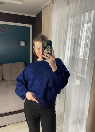 Синяя кофта с люрексом с широкими рукавами