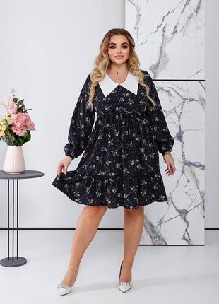 Якісна стильна сукня міні оверсайз з квітками люксове плаття з коміром на кулісці