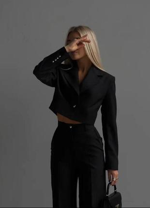 Костюм жакет брючки штани чорні костюм черный пиджак укороченный
