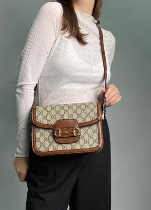 Брендовая женская сумка гуччи gucci horsebit 1955 large bag grey/brown3 фото