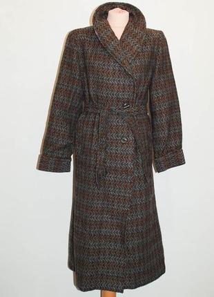 Длинное винтажное шерстяное пальто прямое с поясом прямого кроя под пояс5 фото