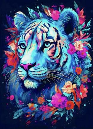 Алмазная мозаика тигр с цветами 33х45см круглые камни-стразы, без подрамника, тм стратег, украина