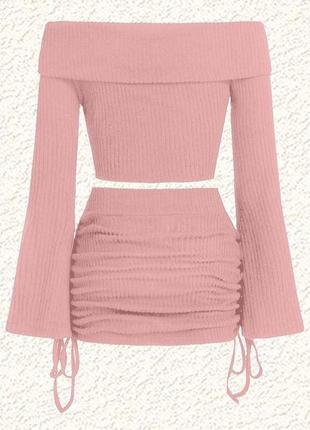 Стильный костюм топ с широкими рукавами + юбка на завязках мини в рубчик розовый серый качественный стильный4 фото