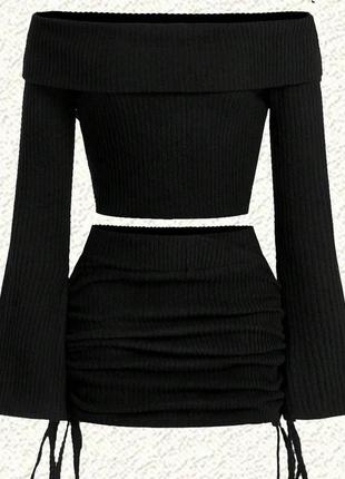 Стильный костюм топ с широкими рукавами + юбка на завязках мини в рубчик черный бордовый качественный стильный5 фото