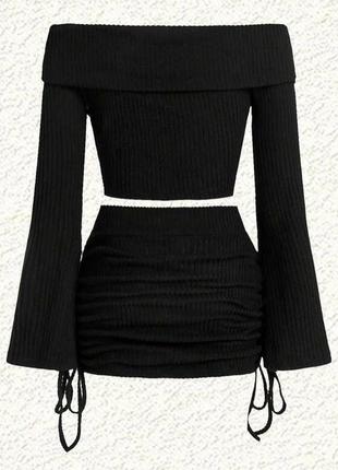 Стильный костюм топ с широкими рукавами + юбка на завязках мини в рубчик черный бордовый качественный стильный4 фото